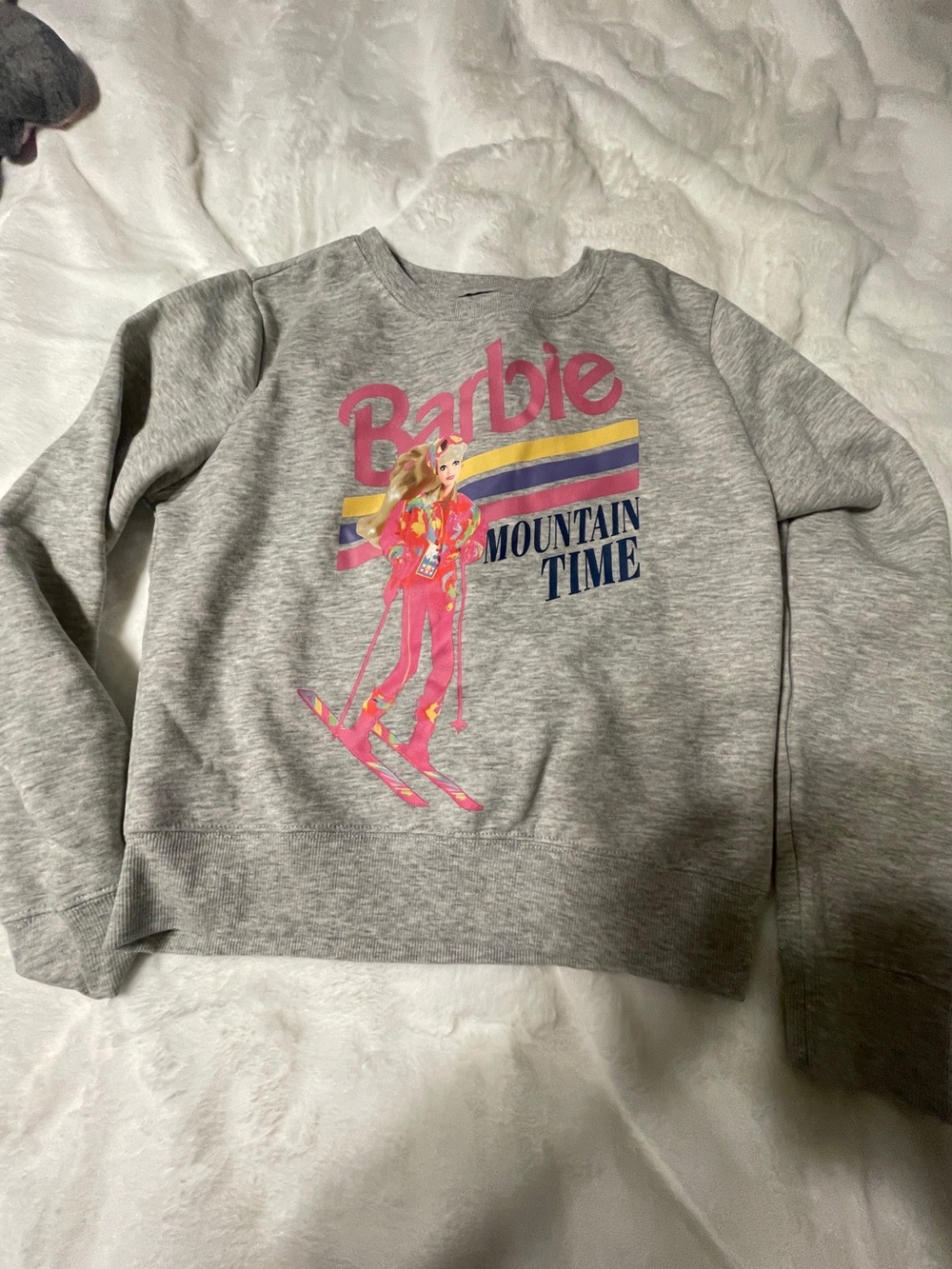 Barbie Gray Sweatshirt with Pink Ski Graphic and Multicolor Stripes